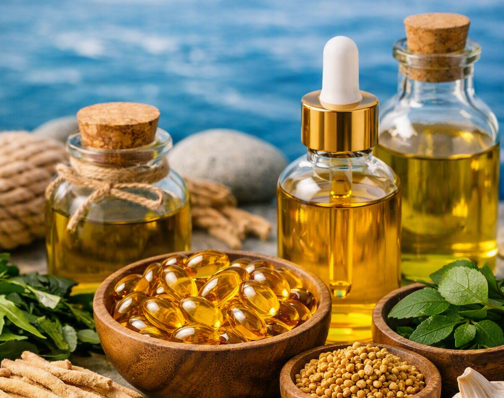 Fish oil capsules and omega-3 oil bottles with ocean backdrop